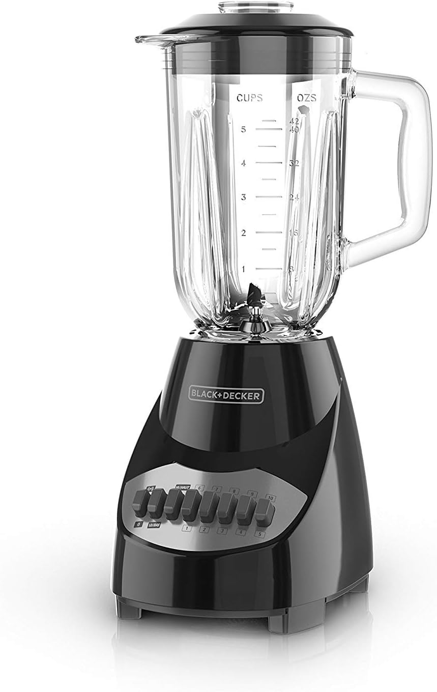 BLACK+DECKER 10-Speed Countertop Blender, BL2010BG, 6-Cup Glass Jar, Dishwasher-Safe, Stainless Steel Blade, Suction Feet