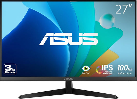 ASUS 27” 1080P Eye Care Monitor (VY279HF) – Full HD, IPS, 100Hz, Smoothmotion, 1Ms, Adaptive Sync, for Working and Gaming, Blue Light Filter, Flicker Free, HDMI, VESA Mountable, 3 Year Warranty