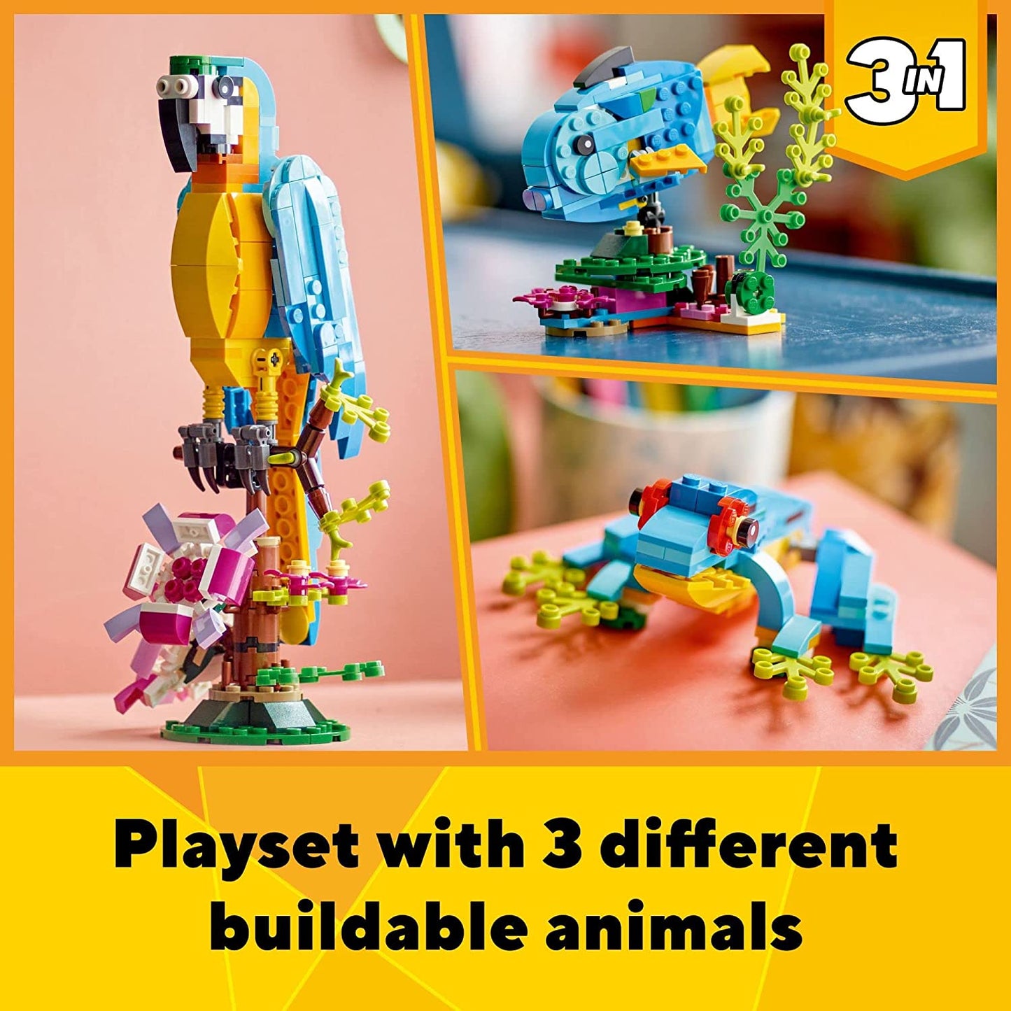 LEGO Creator 3 in 1 Exotic Parrot Building Toy Set, Transforms to 3 Different Animal Figures - from Colorful Parrot, to Swimming Fish, to Cute Frog, Creative Toys for Kids Ages 7 and Up, 31136