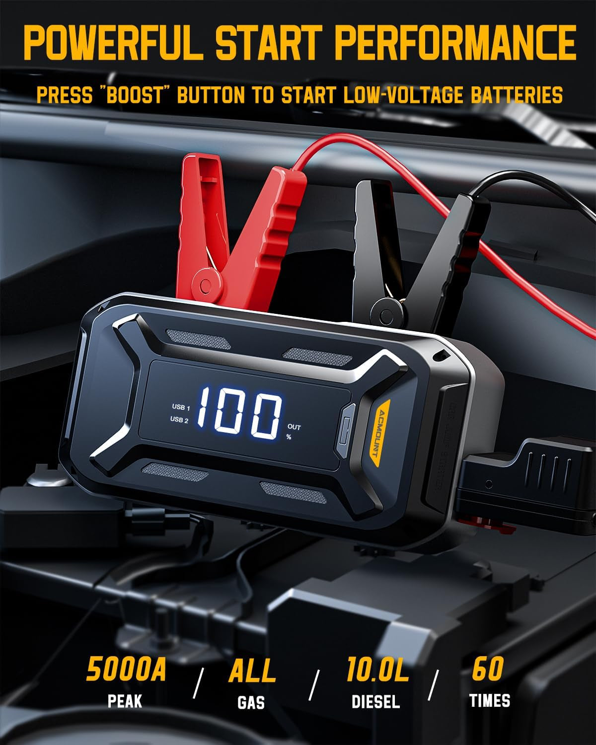 Car Jump Starter, 5000A Peak Car Battery Jump Starter (All Gas/10.0L Diesel Engine), 12V Portable Car Jump Starter Battery Pack with 3” LCD Display, USB Quick Charge and LED Light