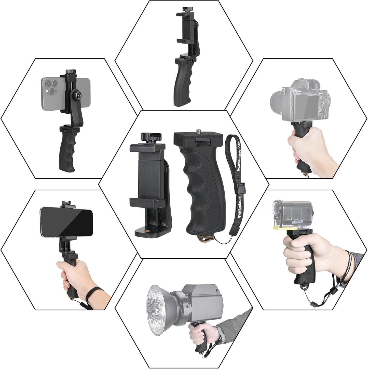 Ergonomic Anti-Falling Cell Phone Vlogging Hand Grip Stabilizer Smartphone Holder Rig Mount Video Kit W/Safety Strap Portable Selfie Stick for Iphone Samsung (Landscape+Portrait)-Mic/Light Adapter