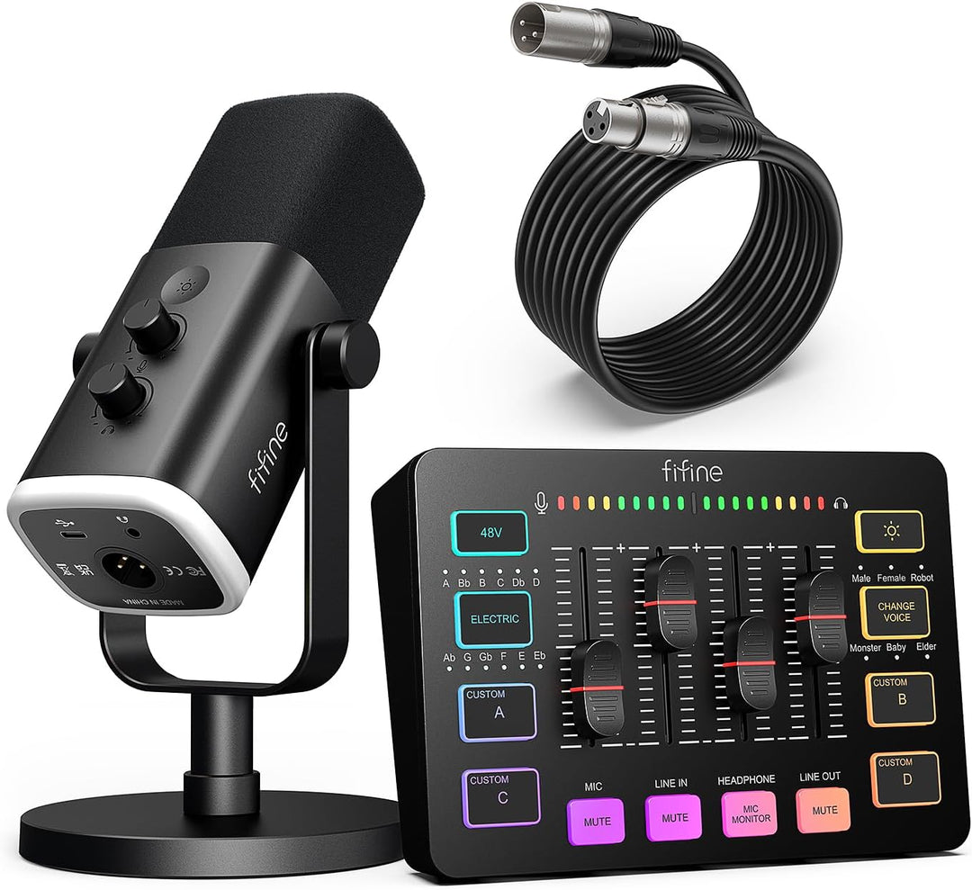 FIFINE Gaming Equipment Bundle, Dynamic XLR/USB Gaming Microphone Set with Streaming Audio Mixer for Podcast Recording Video Vocal, RGB Gamer Set with Volume Fader/Xlr Interface for Pc-Ampligame KS5