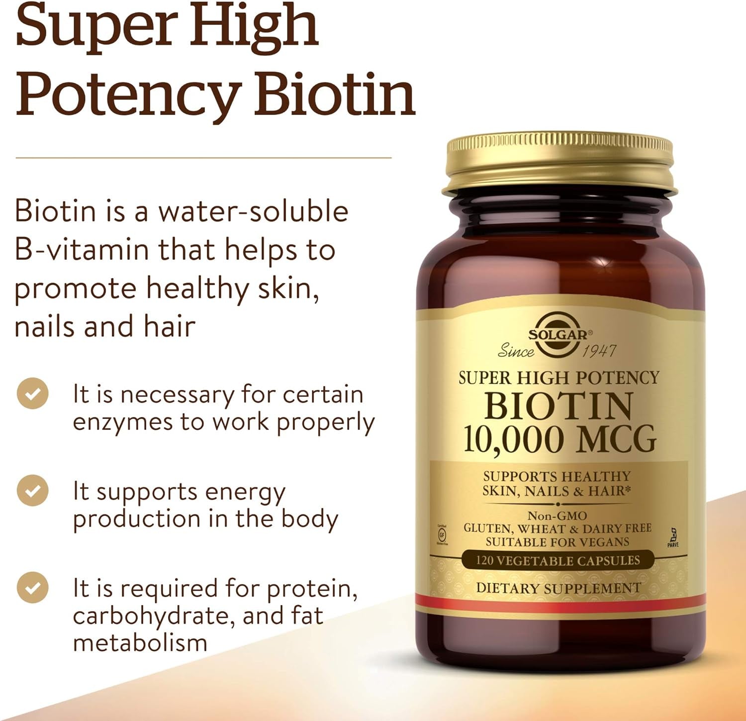 Solgar Biotin 10,000 Mcg, 120 Vegetable Capsules - Energy, Metabolism, Promotes Healthy Skin, Nails & Hair - Super High Potency - Non-Gmo, Vegan, Gluten, Dairy Free, Kosher - 120 Servings