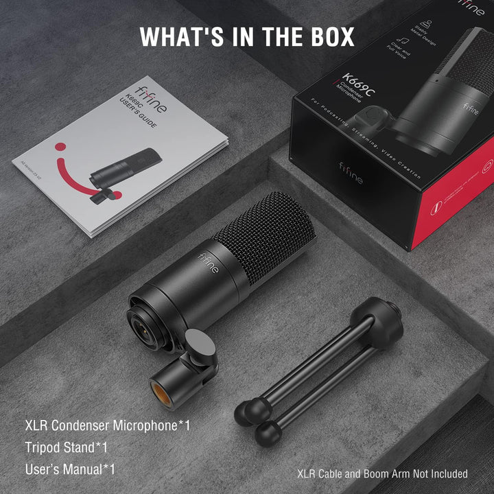 FIFINE XLR Microphone, Condenser Podcast Mic for Recording, Vocal, Voice-Over Streaming, Podcast, Singing, Cardioid Studio Microphone, Metal Material, Black-K669C