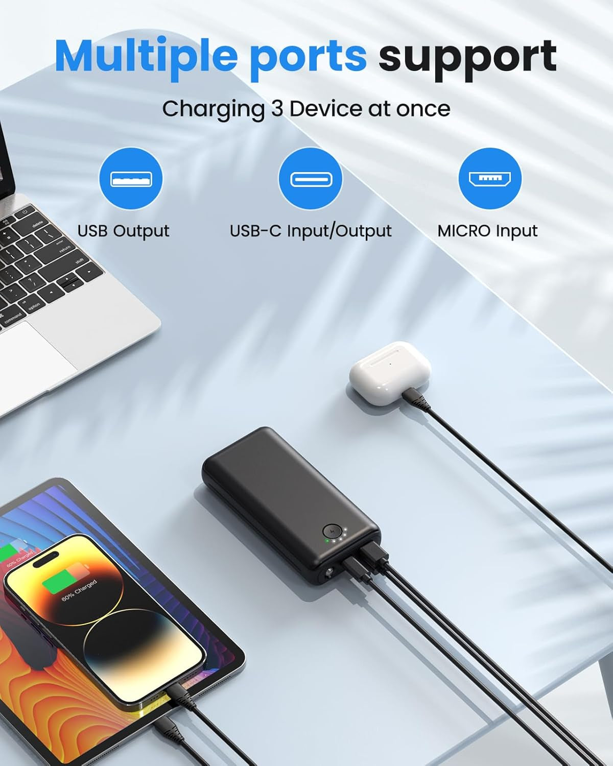 Portable Charger Power Bank 30000Mah - USB C 22.5W Fast Charging External Battery Pack Charging Bank PD QC4.0 with Flashlight 3 Outputs & 2 Inputs Phone Charger for Iphone Samsung Galaxy Ipad Etc