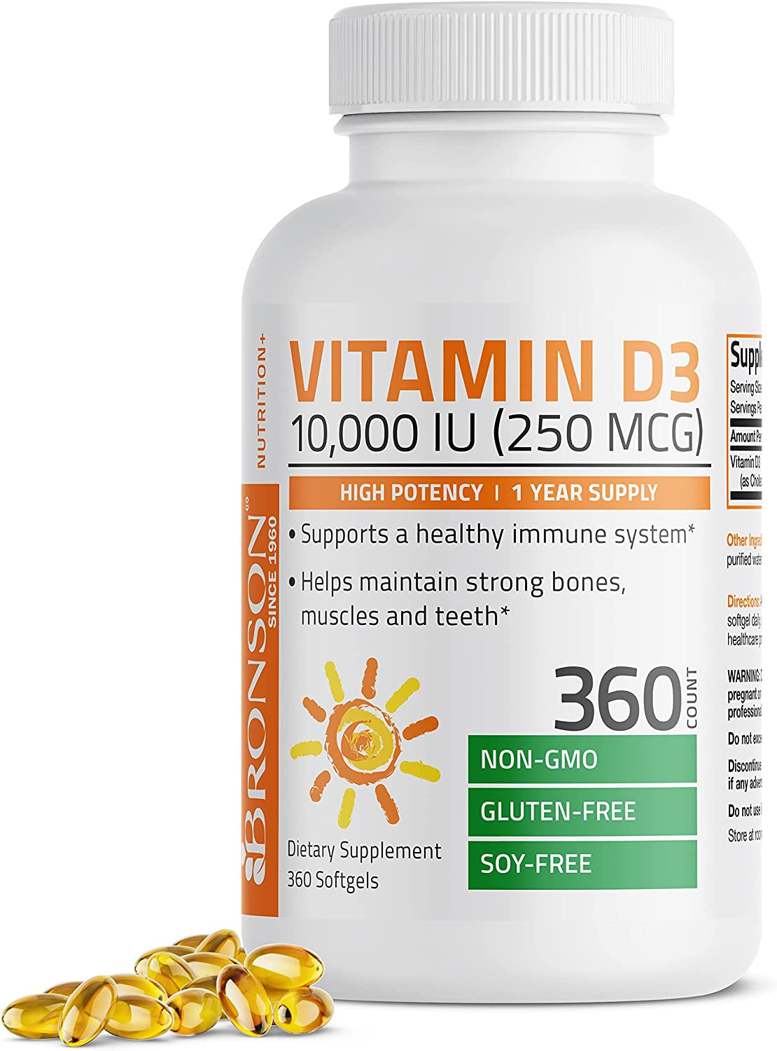 Bronson Vitamin D3 10,000 IU (250 Mcg) High Potency - Supports Healthy Immune System, Strong Bones, Muscles & Teeth - Non GMO, 360 Softgels (1 Year Supply)