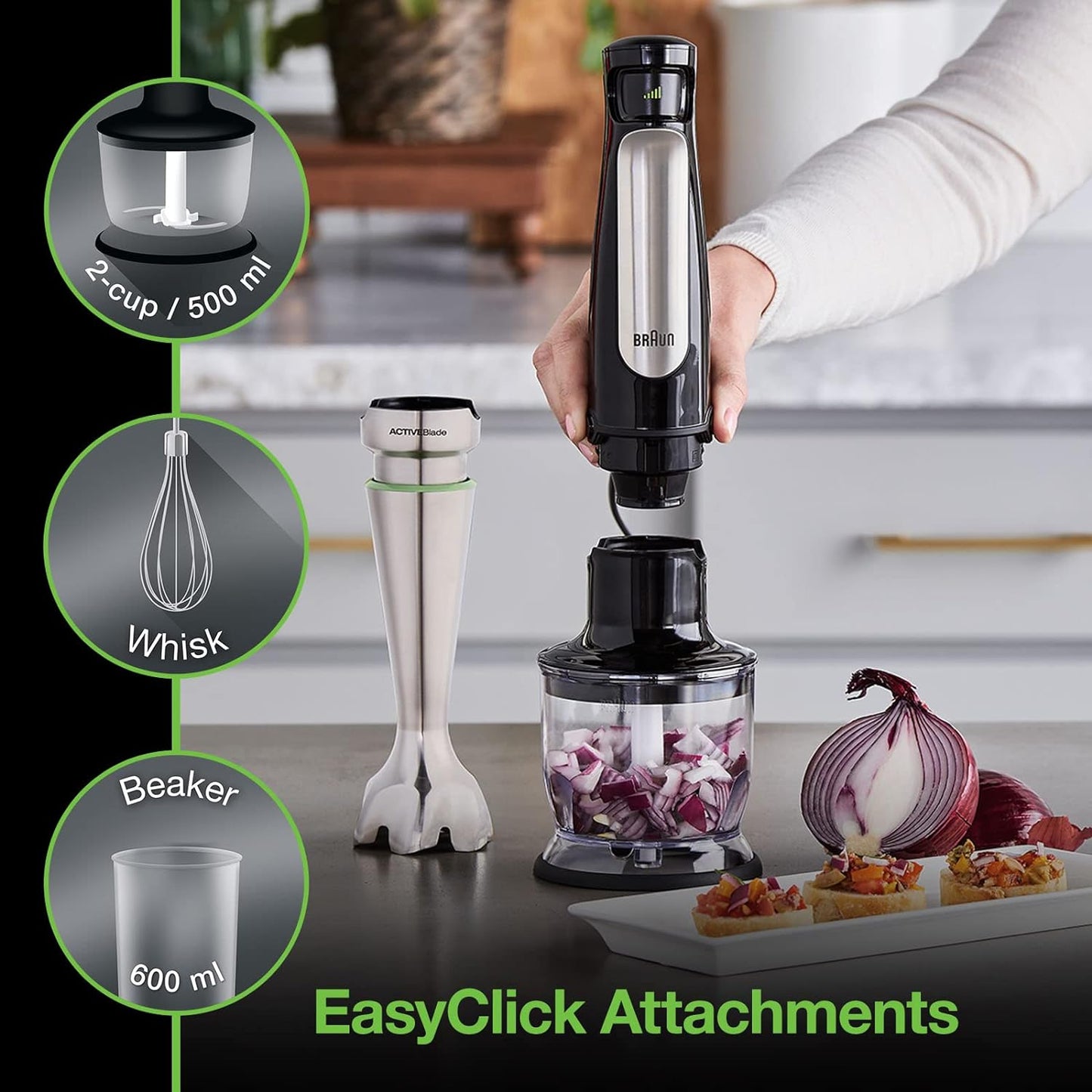 Braun Multiquick 7 3-In-1 Immersion Hand Blender with Variable Speed and Patented Technology - Includes 2-Cup Chopper, Whisk + Beaker for Fast Blending, Stainless Steel, MQ7035X