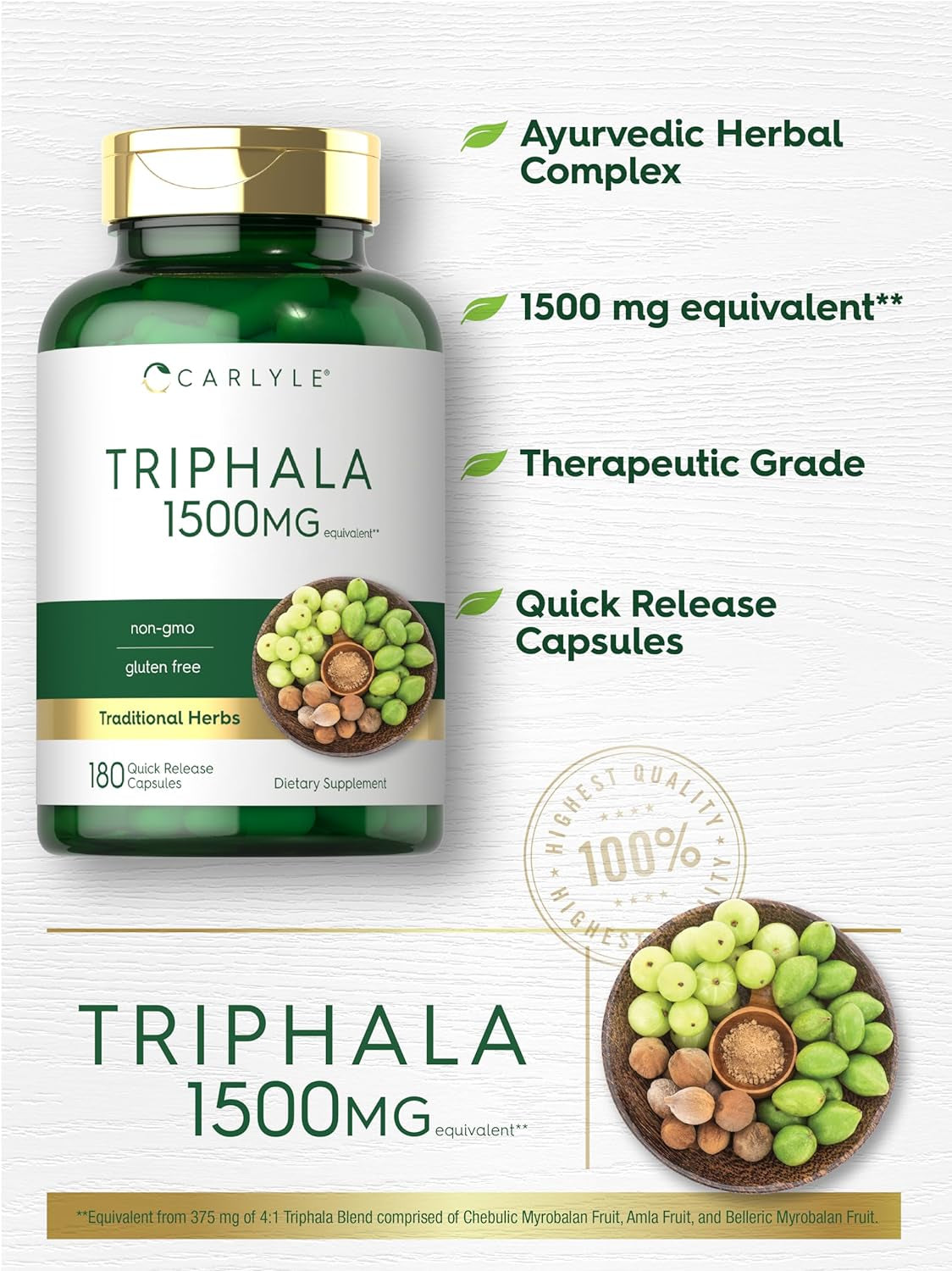 Carlyle Triphala Capsules | 1500Mg | 180 Count Supplement | Non-Gmo and Gluten Free