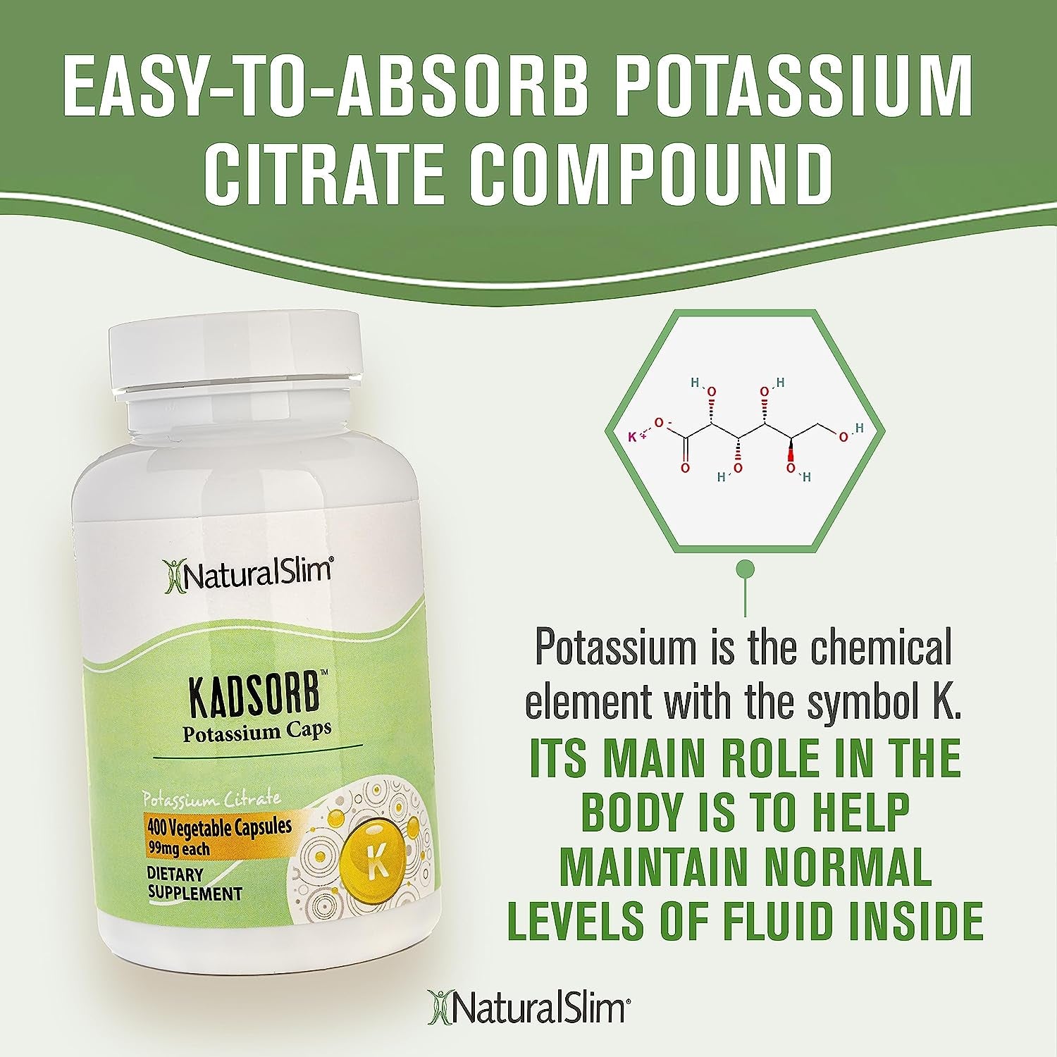 Naturalslim Kadsorb Natural Potassium Citrate - Supports Electrolyte Balance & Normal PH, Non-Gmo & Gluten-Free, Absorbable Potassium Supplement with Essential Minerals - 99 Mg 400 Capsules (Solo)