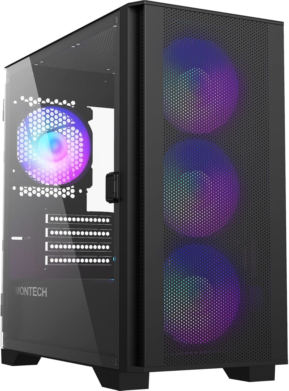 Montech AIR 100 ARGB Micro-Atx Tower with Four ARGB Fans Pre Installed, Ultra-Minimalist Design, Fine Mesh Front Panel, High Airflow, Unique Side Swivel Tempered Glass, Black