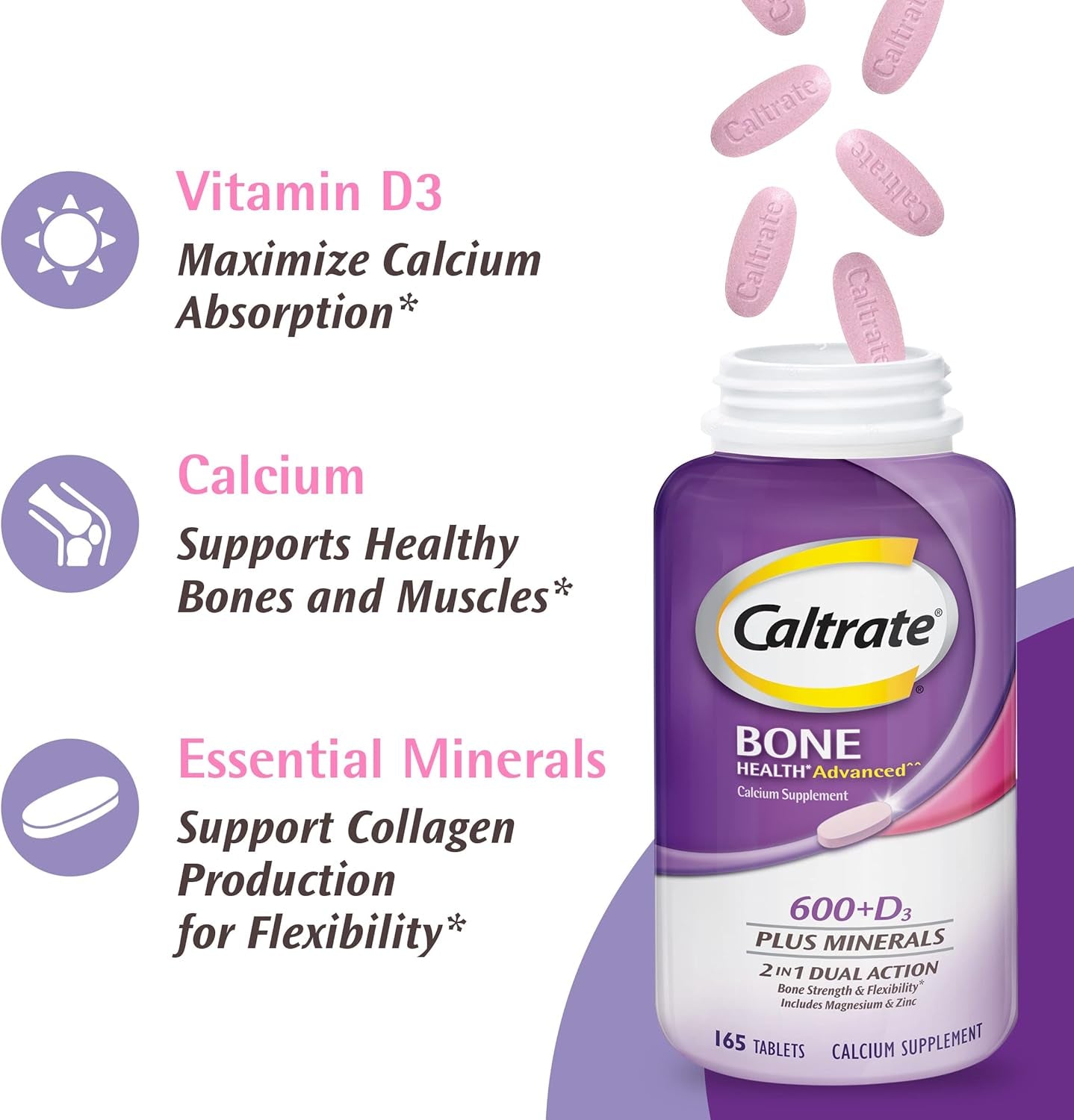 Caltrate 600 plus D3 plus Minerals Calcium and Vitamin D Supplement Tablets, Bone Health and Mineral Supplement for Adults - 120 Count (Packaging May Vary)