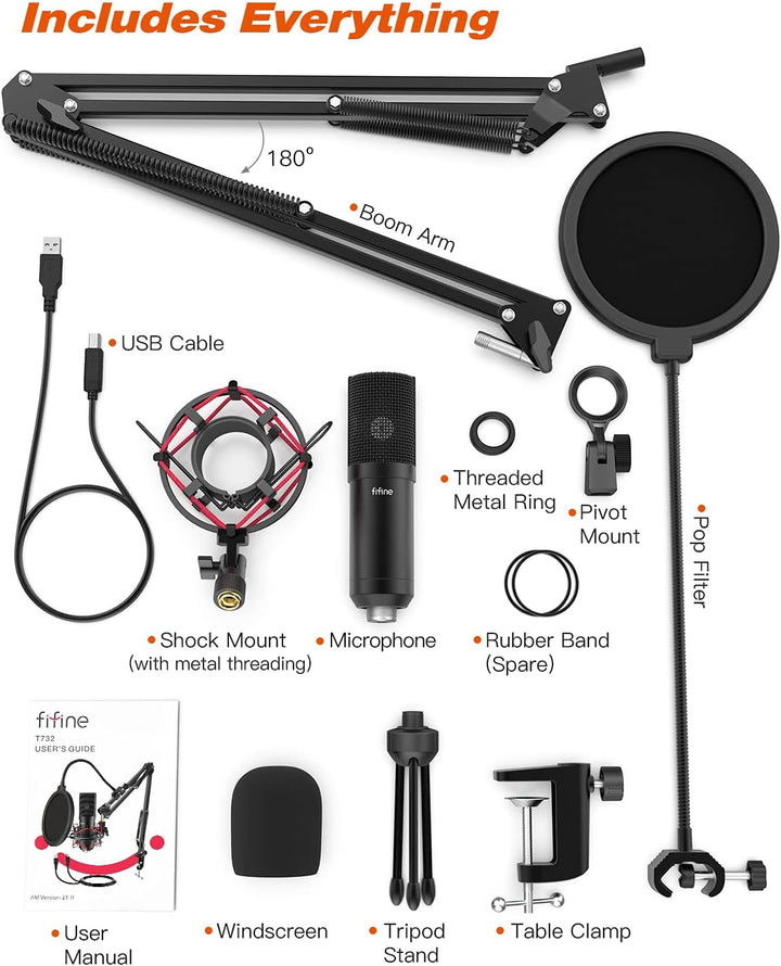 FIFINE USB Microphone Set with Flexible Boom Arm Stand Pop Filter, Plug and Play with PC Desktop Laptop Computer, Streaming Podcast Instrument Mic Kit for Home Studio (T732)