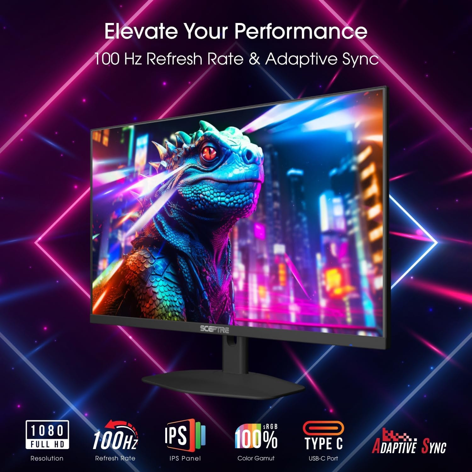 Sceptre 27-Inch IPS Eye Care Monitor 100Hz Displayport HDMI and USB-C 100% Srgb Build-In Speakers, Machine Black 2024 (E275W-FP100T)