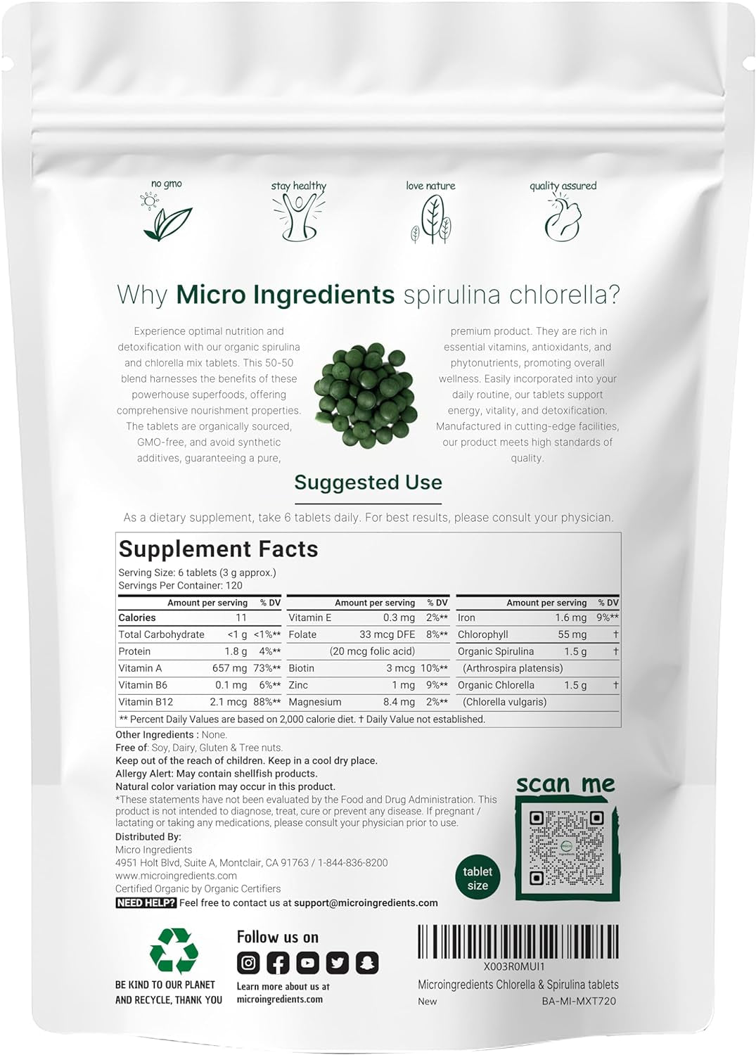 Organic Chlorella Spirulina Tablets, 3000Mg per Serving, 720 Counts, 4 Months Supply, 50/50 Blend Superfood, No Filler, No Additives, Cracked Cell Wall, Rich in Vegan Protein & Chlorophyll