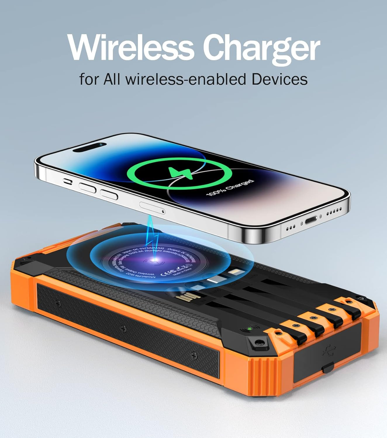 Goodaaa Power Bank Wireless Charger 36000Mah Built in 4 Cables Six Outputs 15W Fast Charging Power Bank for All Mobile Devices Three Inputs Solar Portable Charger with Dual Flashlights, Carabiner