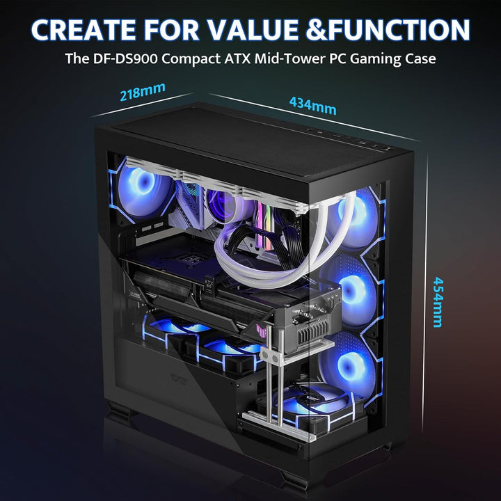 Darkflash ATX Mid-Tower PC Case, Pre-Install 4 PWM ARGB Fans Computer Case, Full View Dual Tempered Glass Gaming PC Case, Type C Port, Supports up to 360Mm Water Cooling Radiator, Black(Ds900)