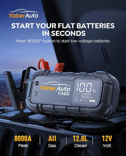Yaberauto Car Battery Jump Starter 8000A Jump Box 45W Fast Charging (All Gas/12.0L Diesel) Portable Car Jump Starter Battery Pack, Car Battery Jumper with Extended Jumper Cables, 600 Lumens Light