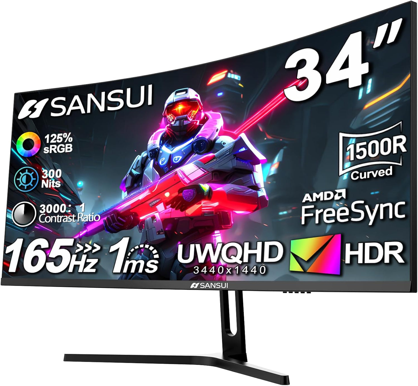 SANSUI 34-Inch Curved Gaming Monitor UWQHD 3440 X 1440 165Hz Curved 1500R - PIP/PBP, 1Ms(Mprt), HDR, 300Nits, Srgb 125%, DCI-P3 95%,Freesync,Hdmi2.1(Tmds) X2,Dp1.4 X2(Es-G34C5 DP Cable Included)