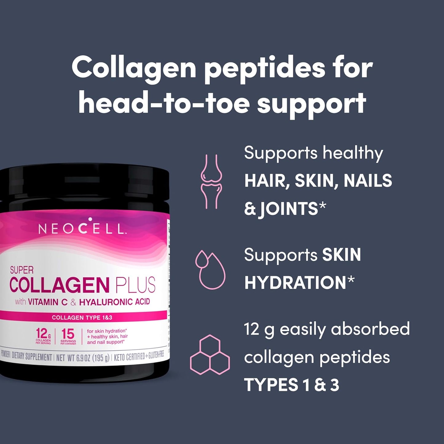 Neocell Super Collagen plus with Vitamin C and Hyaluronic Acid, for Skin Hydration and Healthy Skin, Hair and Nails Support, Unflavored, Collagen Powder, 6.9 Oz., 1 Canister