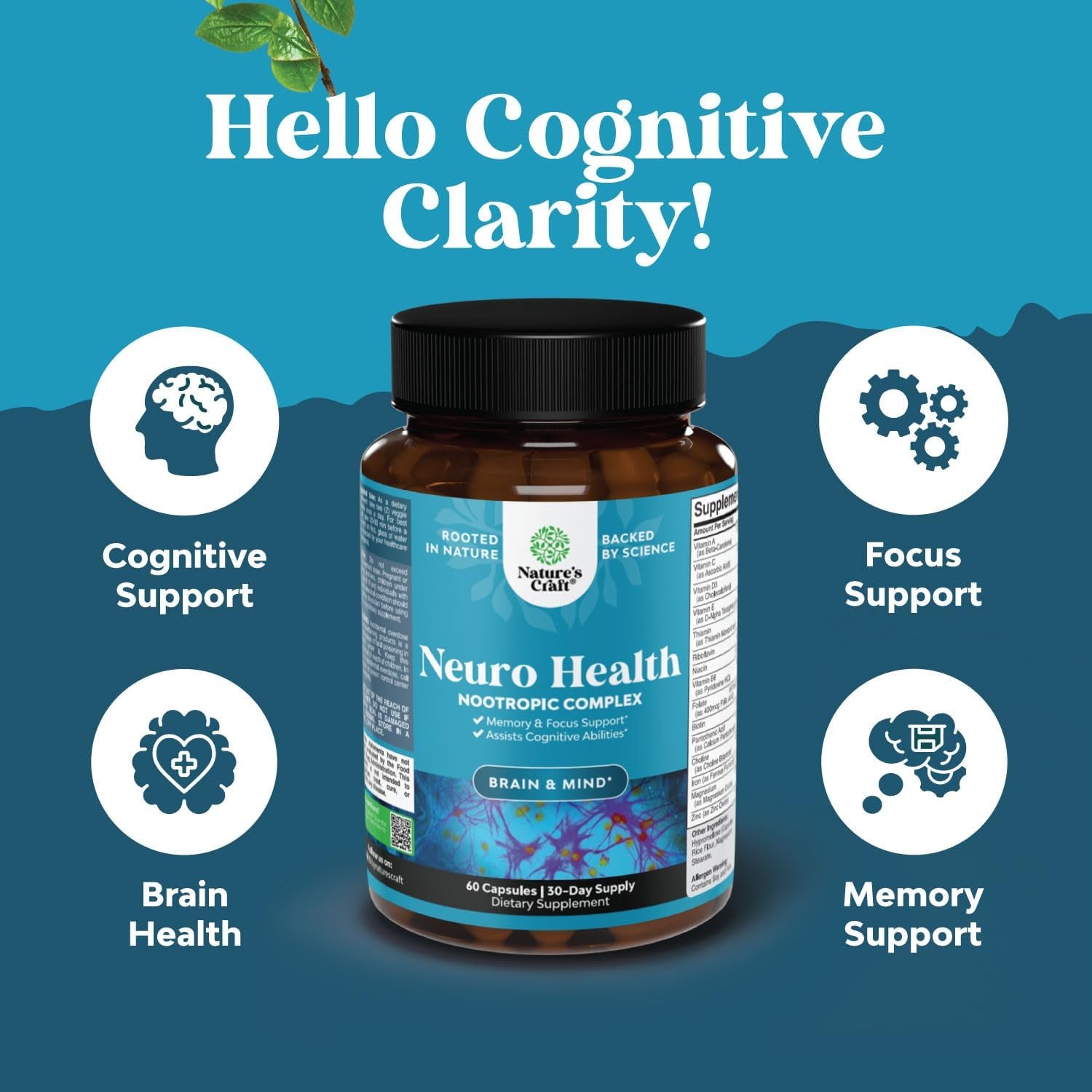 Nootropics Brain Support Supplement - Mental Focus Nootropic Memory Supplement for Brain Health & and Performance Blend, with Energy and Vitamins DMAE Bacopa and Phosphatidylserine Capsule