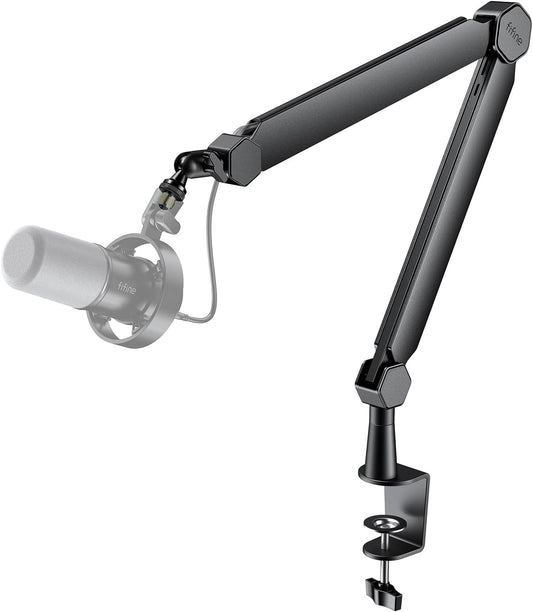 FIFINE Mic Arm Stand, Microphone Boom Arm with Desk Clamp, Cable Channels, 3/8" to 5/8" Threads, Heavy Metal Microphone Stand for Podcast, Vocal Recording, Gaming-Bm66 Black