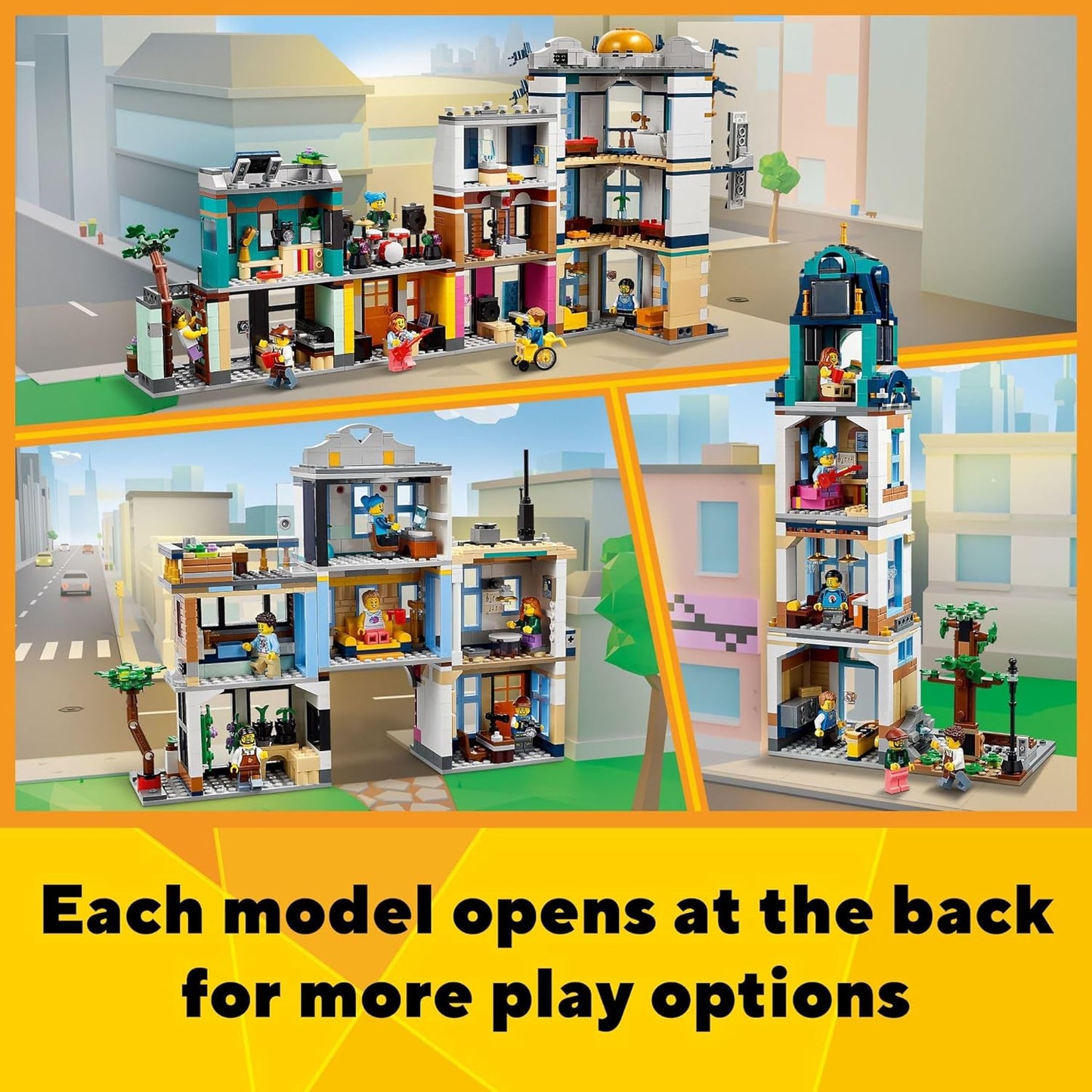 LEGO Creator Main Street 31141 Building Toy Set, 3 in 1 Features a Toy City Art Deco Building, Market Street Hotel, Café Music Store and 6 Minifigures, Endless Play Possibilities for Boys and Girls