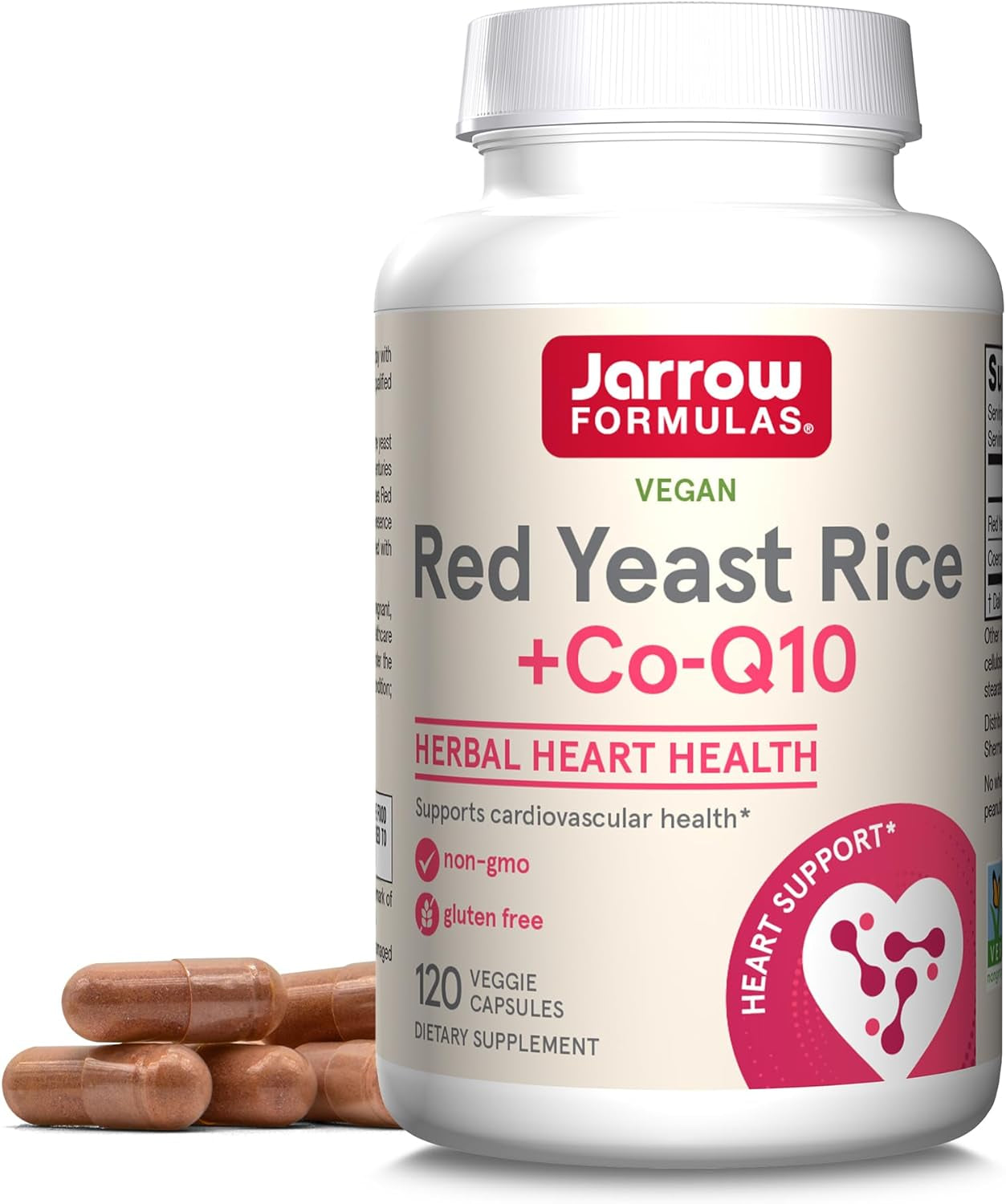 Jarrow Formulas Red Yeast Rice 1200 Mg & Co-Q10 100 Mg per Serving - 120 Veggie Caps - 60 Servings - Herbal Heart Health Dietary Supplement - Supports Cardiovascular & Heart Health - Vegan