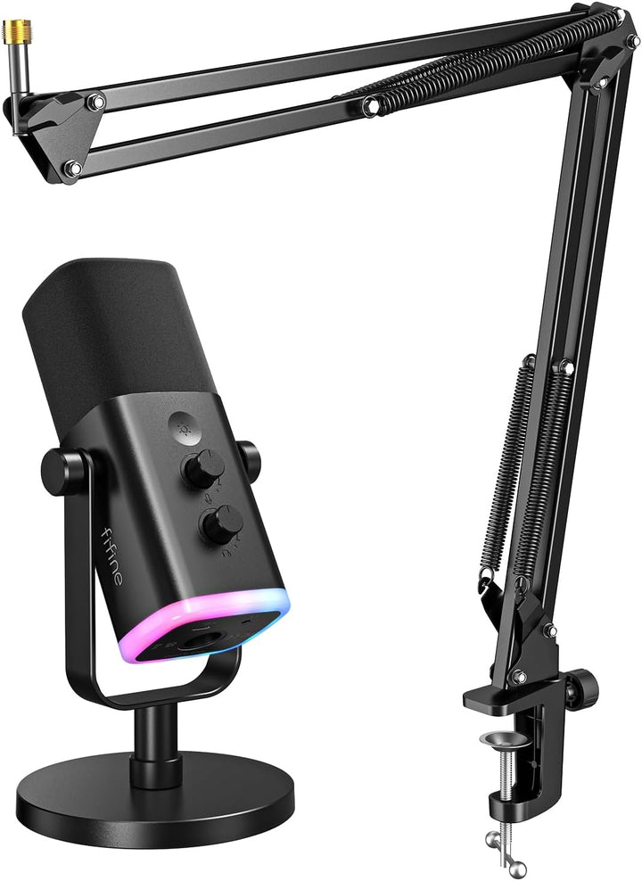 FIFINE Dynamic Gaming Mic and Microphone Arm Stand Kit, PC Computer Streaming Mic with RGB Light, Mute Button, Suspension Boom Scissor Mic Stand Bundle for Recording, Podcast, Voice-Over (AM8+CS1)