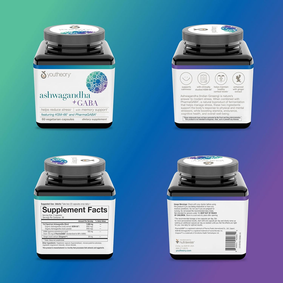 Youtheory Ashwagandha + GABA - 1,000 Mg Ashwagandha & 100 Mg GABA - Cortisol, Stress & Memory Support Supplement - 60 Vegetarian Capsules