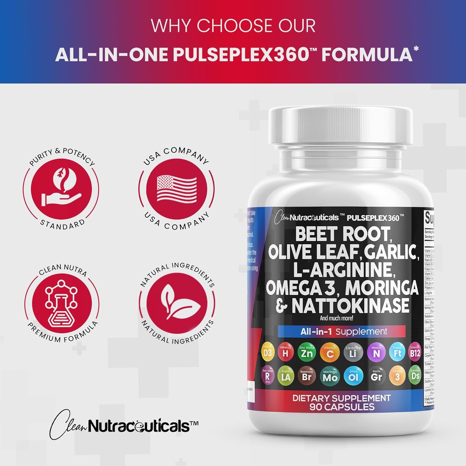 Beet Root Capsules 6000Mg Olive Leaf 6000Mg Nattokinase 4000 FU Garlic Extract 2000Mg L-Arginine 400Mg Omega 3 Red Yeast Rice Hibiscus Danshen - Healthy Support Supplement - 90 Ct