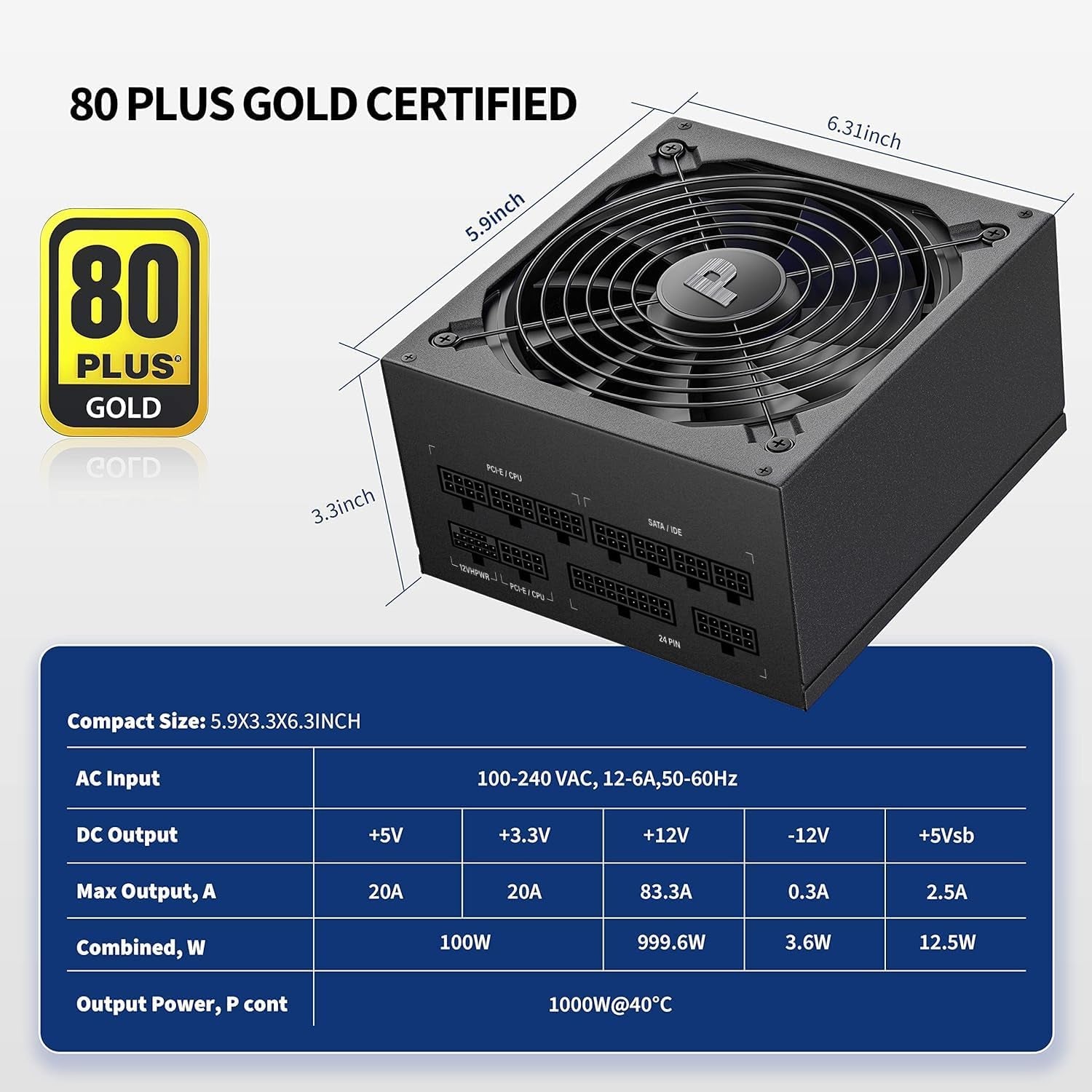 1000W Power Supply 80+ Gold Full Modular PSU, ATX 3.0 & PCIE 5.0, ES1000