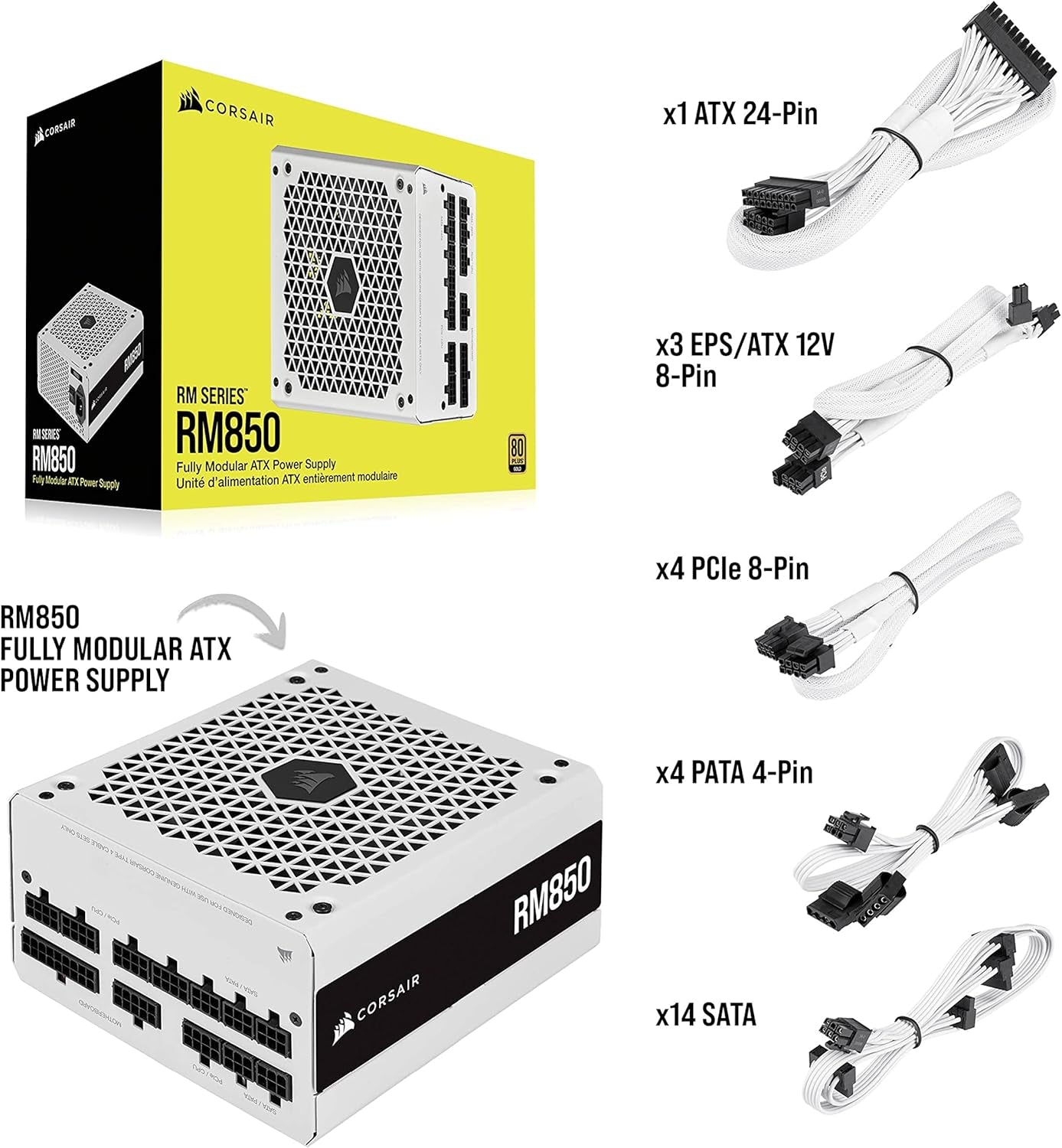 CORSAIR RM Series (2021), White, RM850, 850 Watt, 80 plus Gold Certified, Fully Modular Power Supply