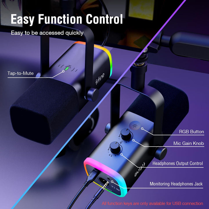 FIFINE Gaming Microphone and Low Profile Arm Stand Bundle, XLR/USB Dynamic Mic with Mute Button, RGB Light, Desktop Stand, Adjustable Boom Arm Kit with Screw Adapter for Streaming Studio (AM8+BM88)