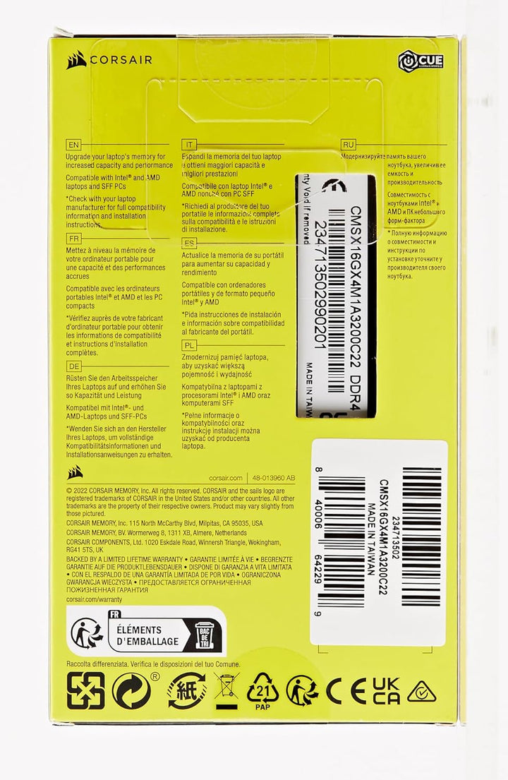 CORSAIR Vengeance SODIMM DDR4 RAM 16GB (1X16Gb) 3200Mhz CL22-22-22-53 1.2V Intel AMD Laptop Notebook Memory - Black (CMSX16GX4M1A3200C22)