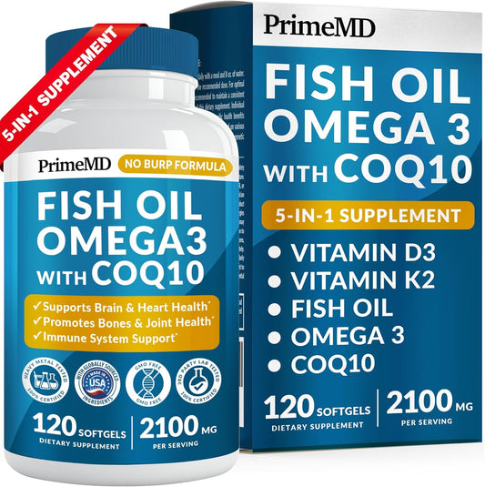 5-In-1 Fish Oil Omega 3 Supplements (2100Mg) - Omega 3 Fish Oil with Vitamins D3 & K2 and Coq10 - EPA DHA Omega 3 Supplement - Lemon Flavored Omega 3 Fatty Acid Supplements - (120 Softgels)