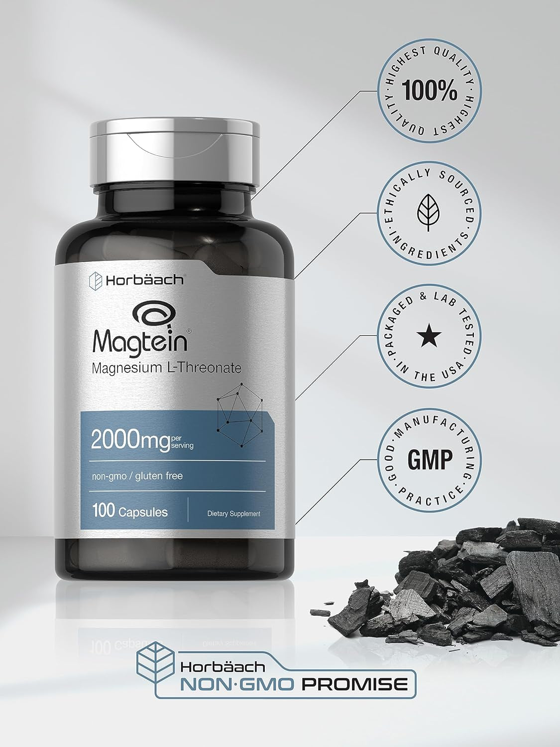 Horbäach Magtein Magnesium L-Threonate | 2000Mg Supplement | 100 Capsules | for Men & Women | Non-Gmo and Gluten Free