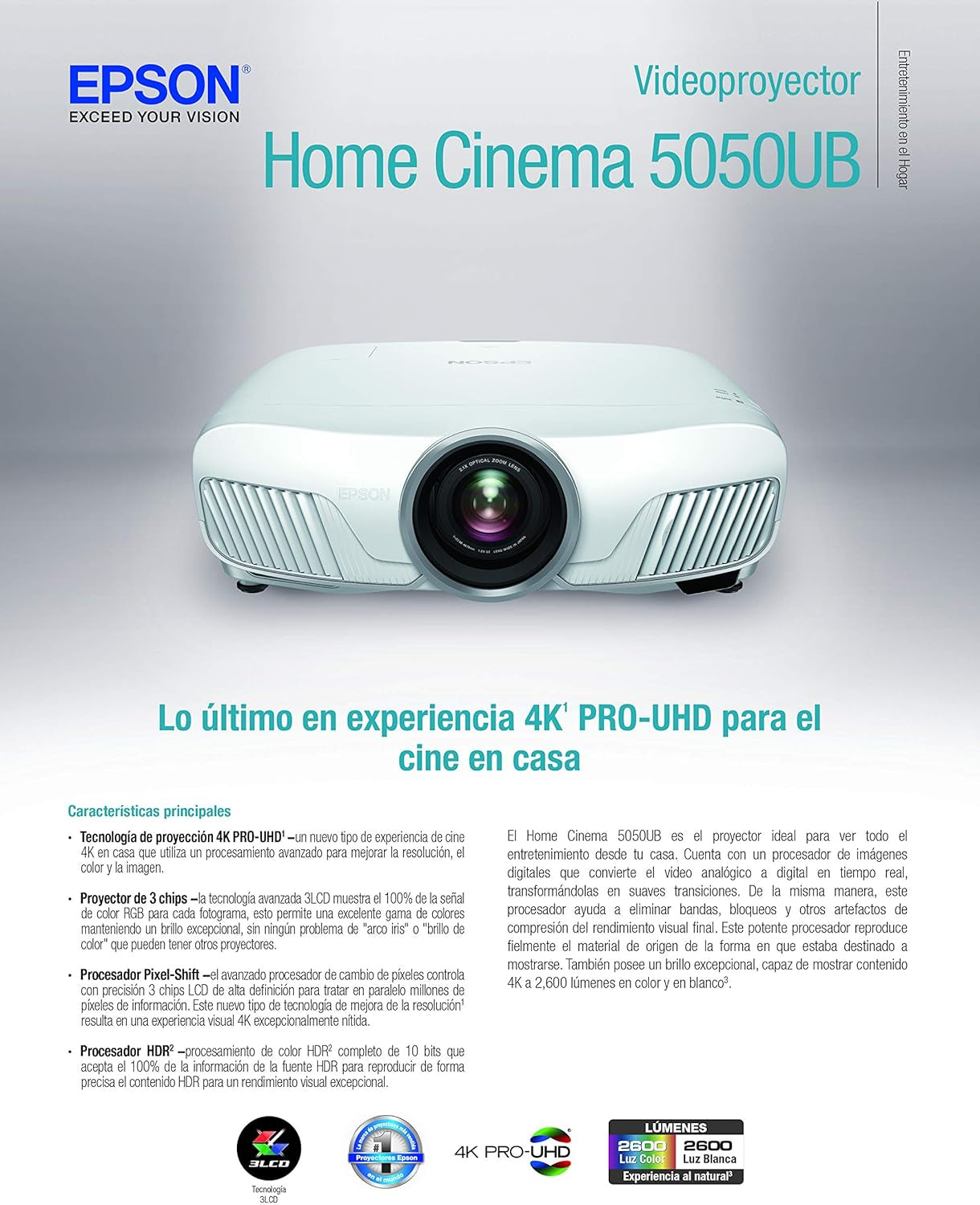 Epson Home Cinema 5050UB 4K PRO-UHD 3-Chip Projector with Hdr,White