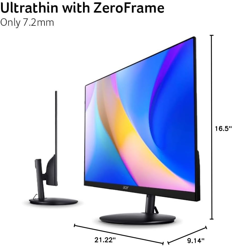 Acer SH242Y Ebmihx 23.8" FHD 1920X1080 Home Office Ultra-Thin IPS Computer Monitor AMD Freesync 100Hz Zero Frame Height/Swivel/Tilt Adjustable Stand Built-In Speakers HDMI 1.4 & VGA Port