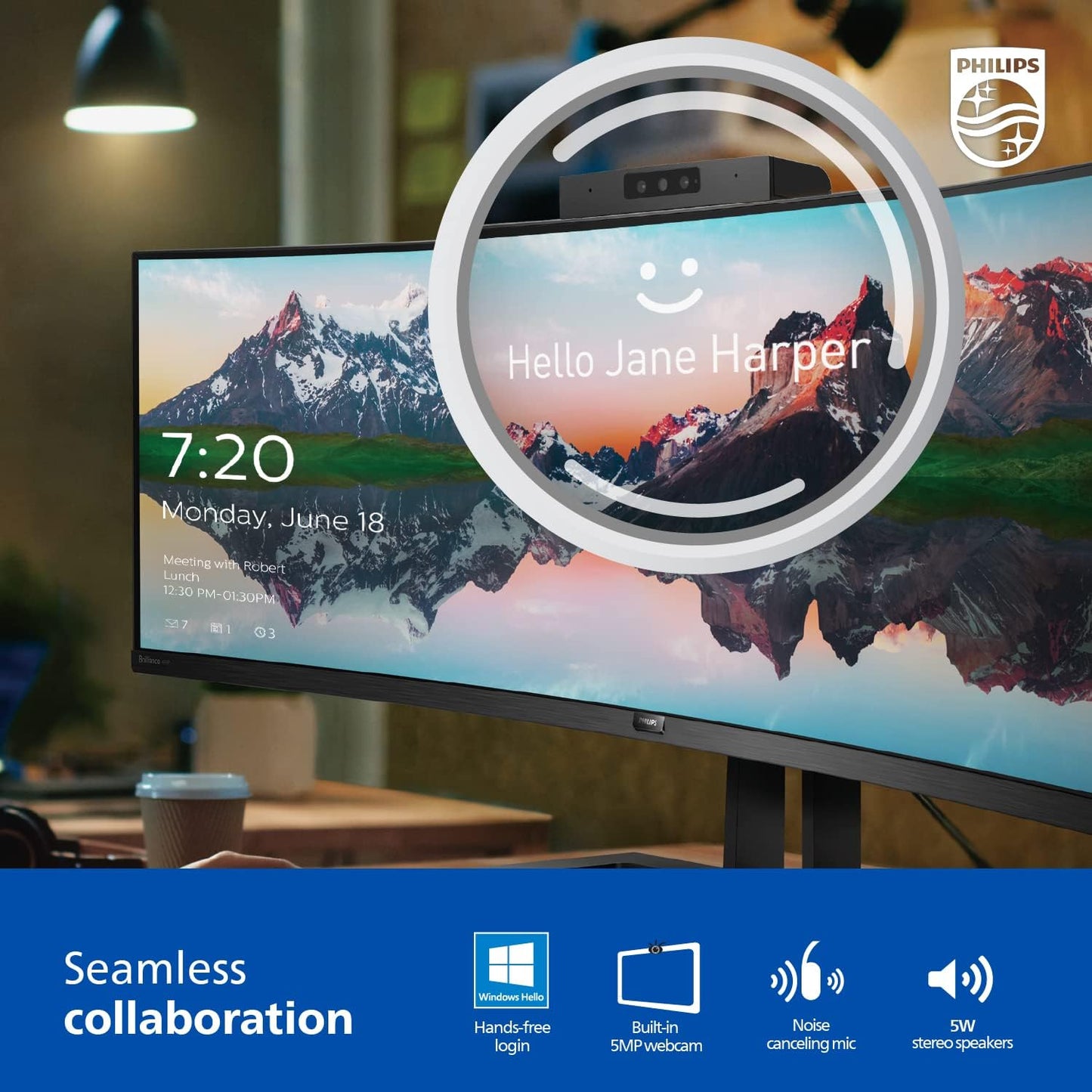 PHILIPS 34E1C5600HE 34" Ultrawide QHD 21:9 Monitor with Built-In Windows Hello Webcam & Noise Canceling Mic, USB-C Docking, Stereo Speakers, 100Hz, 4-Year Advance Replacement