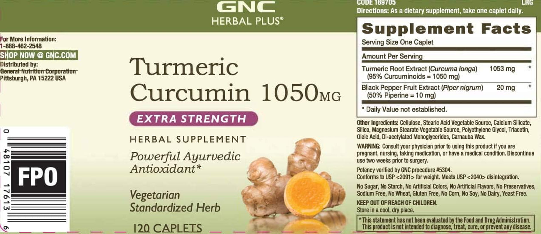 GNC Herbal plus Turmeric Curcumin 1000Mg Extra Strength, 120 Caplets, Provides Antioxidant Support