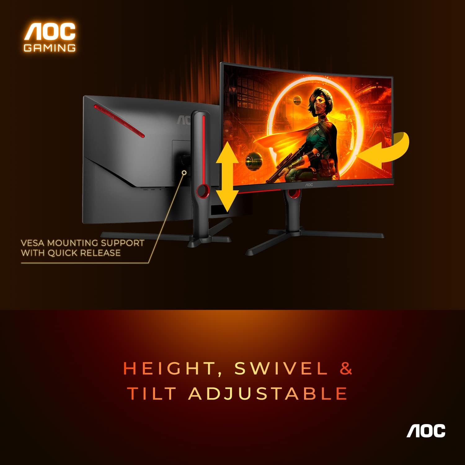 AOC CQ27G3Z 27" Curved Gaming Monitor, QHD 2K 2560X1440, 1000R VA, 240Hz 0.5Ms, Freesync Premium, Height Adjustable Stand, Xbox PS5 Switch, 3-Year Zero-Bright-Dot,Black