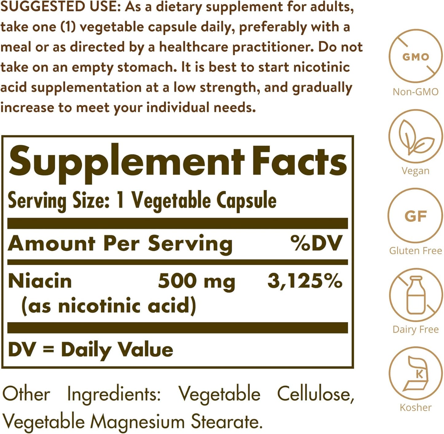 Solgar Niacin (Vitamin B3) 500 Mg, 250 Vegetable Capsules - Cardiovascular Support - Energy Metabolism - Non-Gmo, Vegan, Gluten Free, Dairy Free, Kosher - 250 Servings