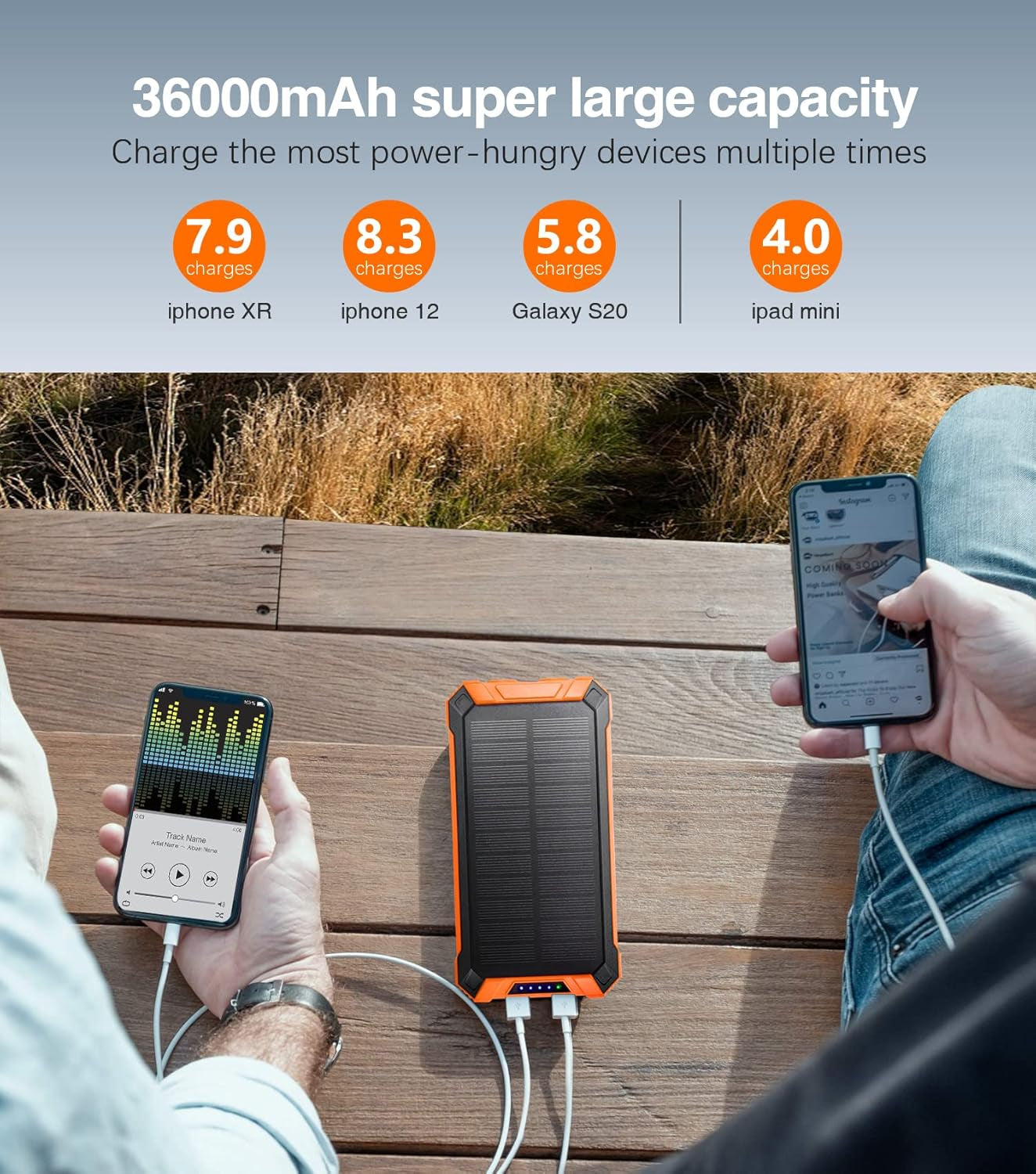 Goodaaa Power Bank Wireless Charger 36000Mah Built in 4 Cables Six Outputs 15W Fast Charging Power Bank for All Mobile Devices Three Inputs Solar Portable Charger with Dual Flashlights, Carabiner