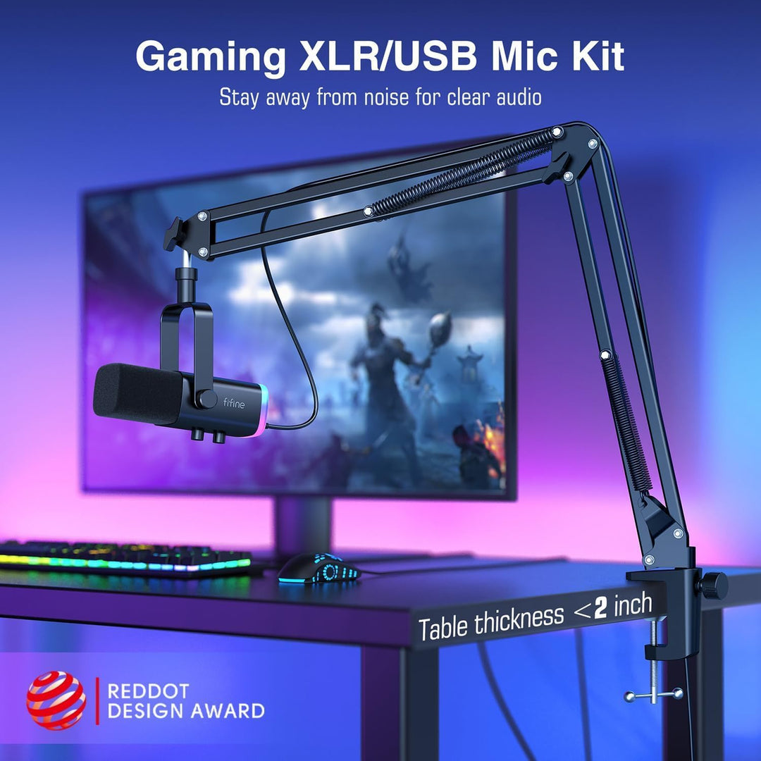 FIFINE Dynamic Gaming Mic and Microphone Arm Stand Kit, PC Computer Streaming Mic with RGB Light, Mute Button, Suspension Boom Scissor Mic Stand Bundle for Recording, Podcast, Voice-Over (AM8+CS1)