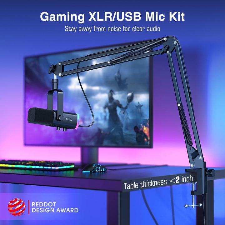FIFINE Dynamic Gaming Mic and Microphone Arm Stand Kit, PC Computer Streaming Mic with RGB Light, Mute Button, Suspension Boom Scissor Mic Stand Bundle for Recording, Podcast, Voice-Over (AM8+CS1)