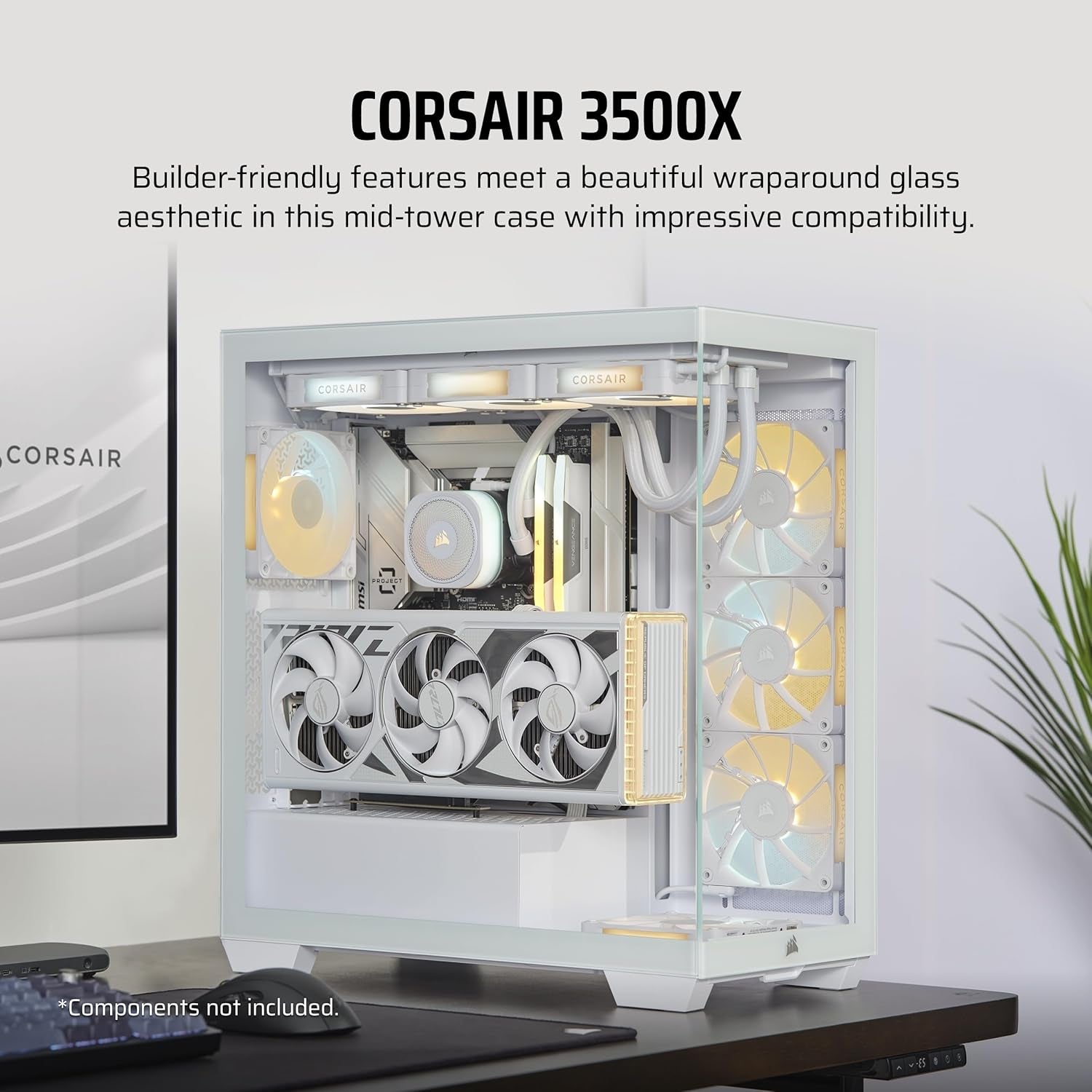 CORSAIR 3500X Mid-Tower ATX PC Case – Panoramic Tempered Glass – Reverse Connection Motherboard Compatible – No Fans Included – White