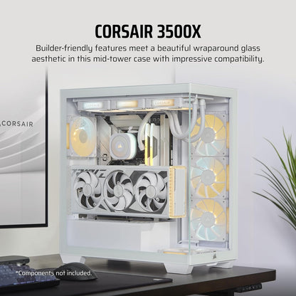 CORSAIR 3500X Mid-Tower ATX PC Case – Panoramic Tempered Glass – Reverse Connection Motherboard Compatible – No Fans Included – White