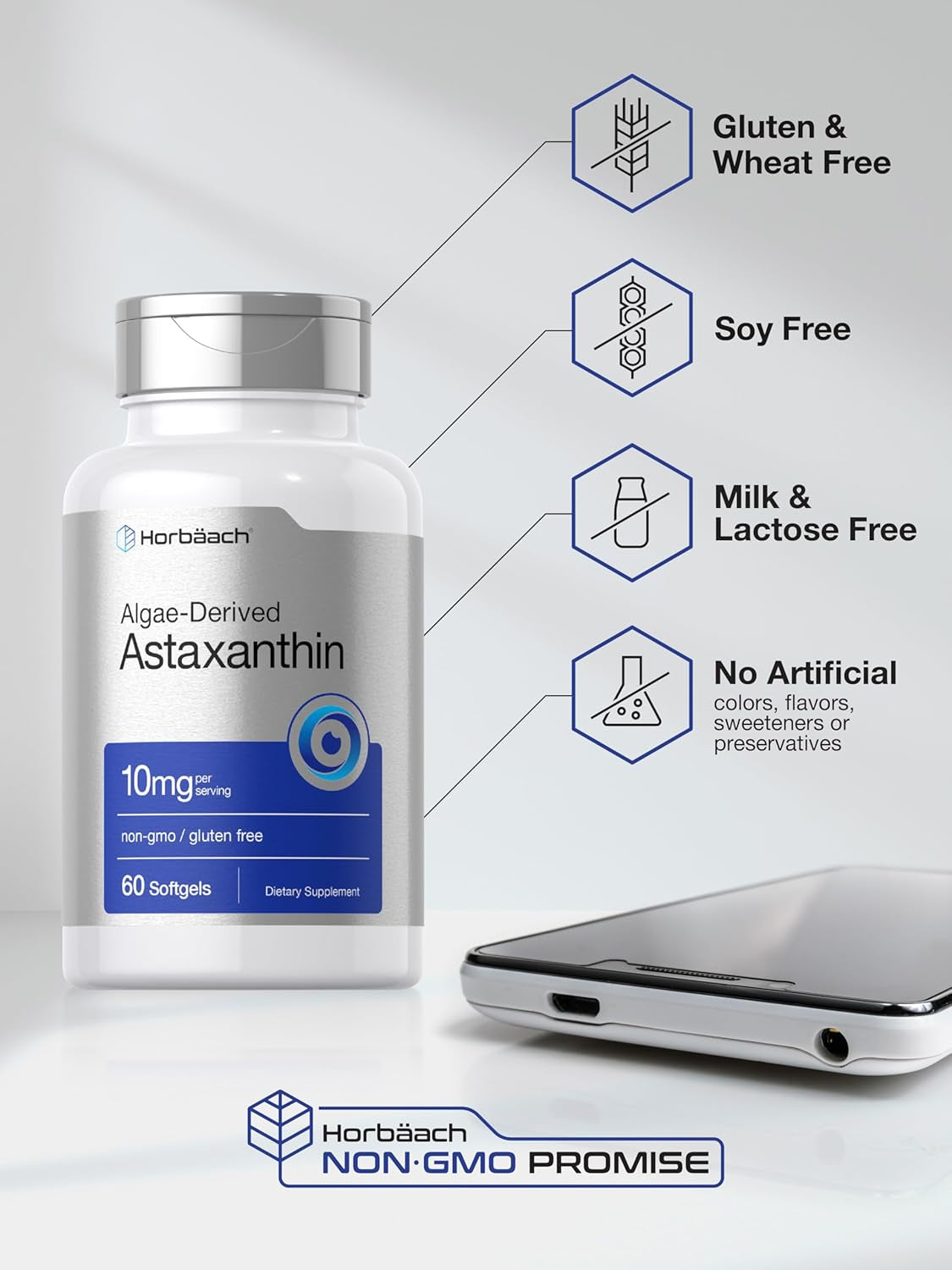 Horbäach Astaxanthin 10Mg | 60 Softgels | Algae Derived Formula | Non-Gmo, Gluten Free Supplement