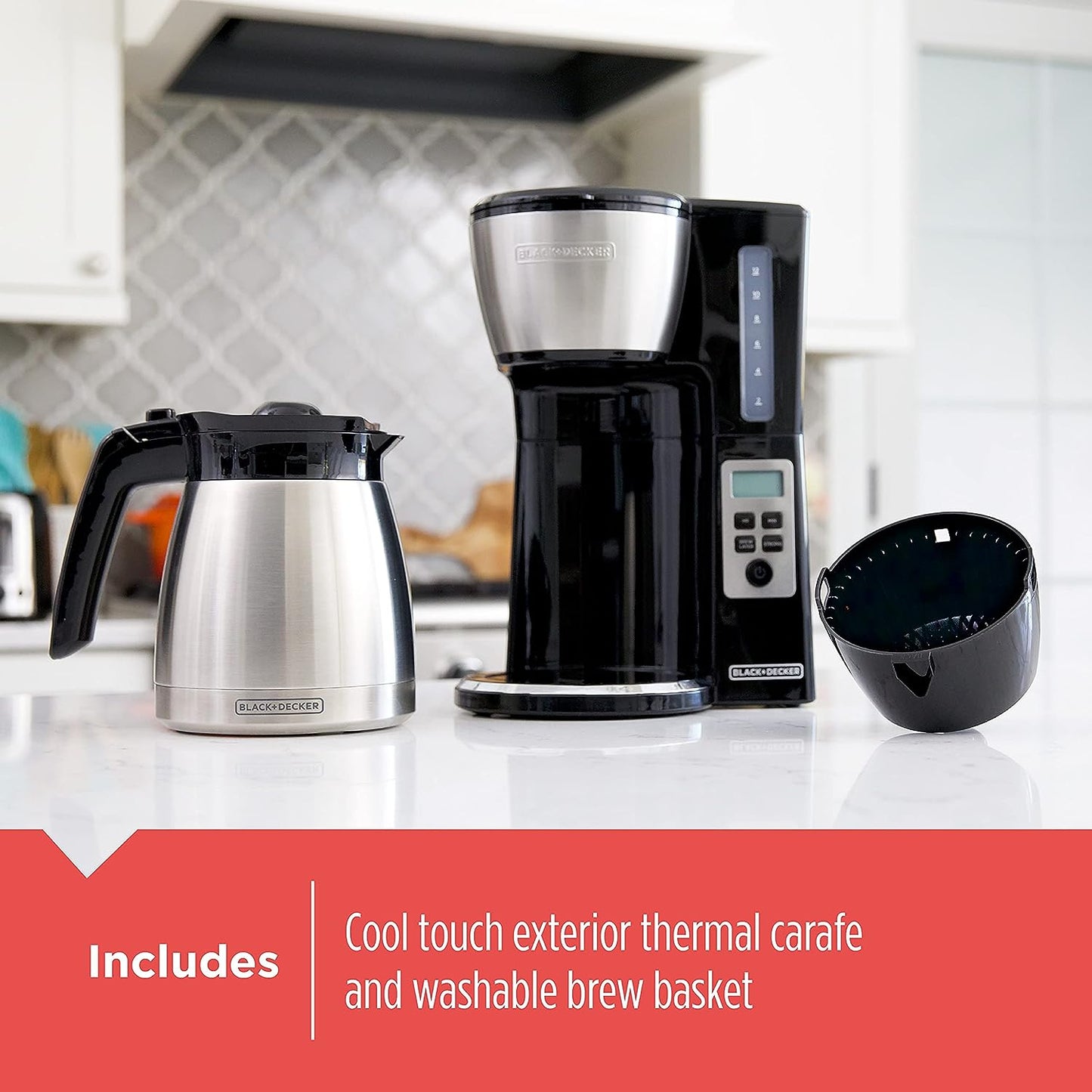 BLACK+DECKER 12 Cup Thermal Programmable Coffee Maker with Brew Strength and VORTEX Technology, Black/Steel