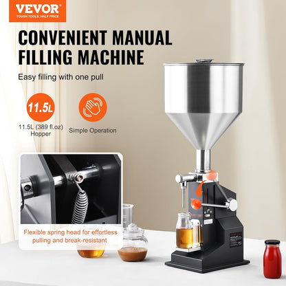 VEVOR Manual Paste Liquid Filling Machine, 5-100Ml Adjustable Bottle Filling Machine, Stainless Steel Liquid Filler with 11.5L Hopper for Milk Water Juice Essential Oil Shampoo Cosmetic Honey